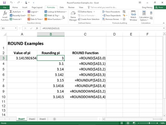 Rounding off the value of pi with the ROUND, ROUNDUP, and ROUNDDOWN functions.