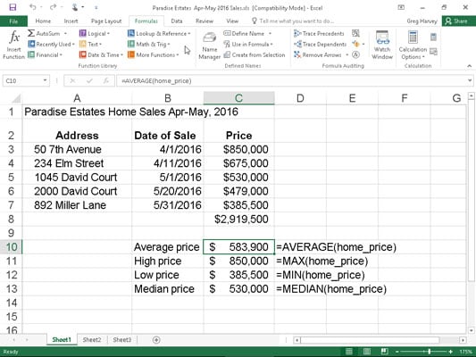 Home sales spreadsheet using common statistical functions.