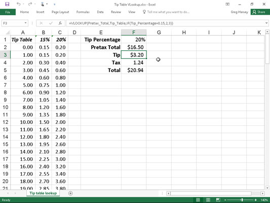 Using the VLOOKUP function to return the amount of the tip to add from a Lookup table.