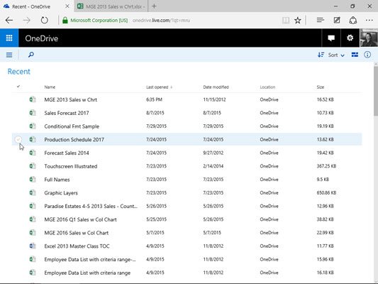 Selecting the Excel workbook on OneDrive to edit online in Excel Online.