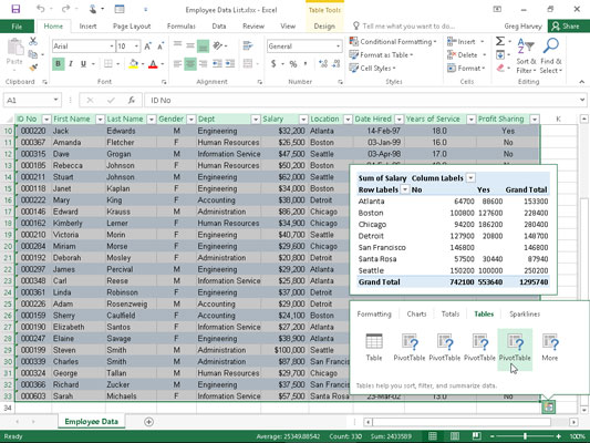 Previewing the pivot table created from the selected data in the Quick Analysis options palette.