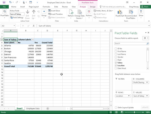 Previewed pivot table created on a new worksheet with the Quick Analysis tool.