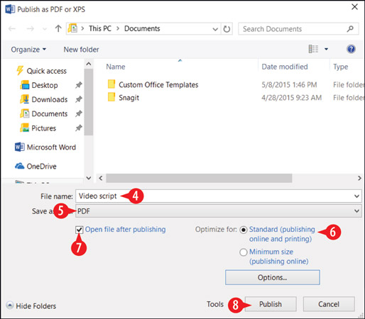 Specify saving options for your PDF or XPS file.