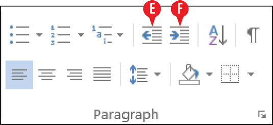 Controls for changing indentation on the Ribbon.