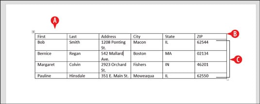 A Word table suitable for use as a mail merge data list.