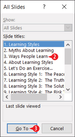 Jump to a specific slide with the All Slides dialog box.