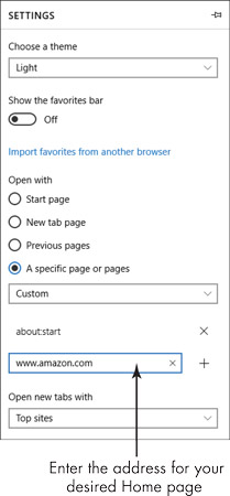 Setting the home page in Microsoft Edge.