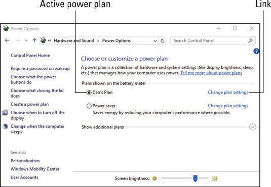 Power management plans in Windows 10.
