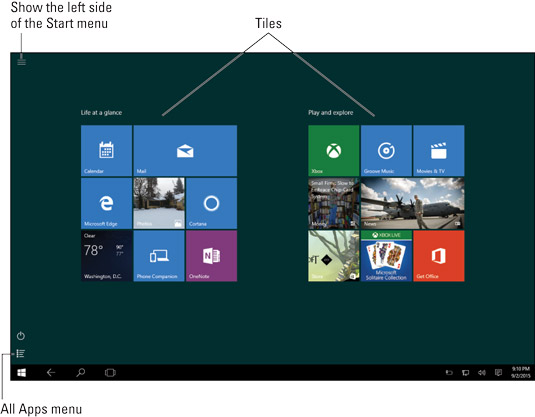 Windows 10 Tablet mode Start screen.