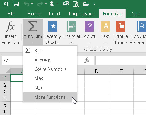 The AutoSum button offers quick access to basic functions and the Insert Function dialog box.