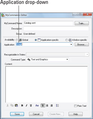 The application appears in the MyCommands Editor dialog box.
