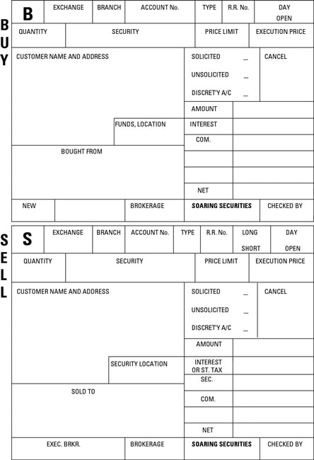 Buy and sell order tickets have spaces for the info you need to make a trade.