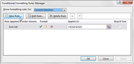 Select the target range of cells, and then go to the Home tab and select Conditional Formatting→Manage Rules.