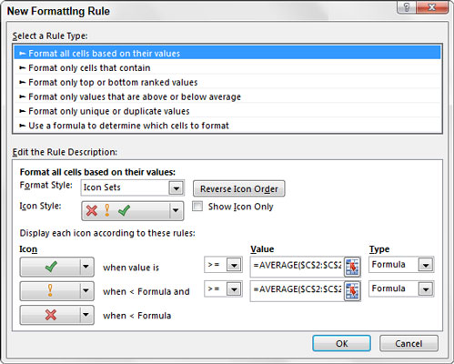 Change the Type drop-down boxes to Formula and enter the appropriate formulas in the Value boxes.