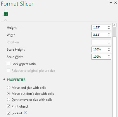 The Format Slicer pane offers more control over how the slicer behaves in relation to the worksheet