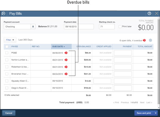 The Pay Bills page lists bills you owe but have not yet paid.