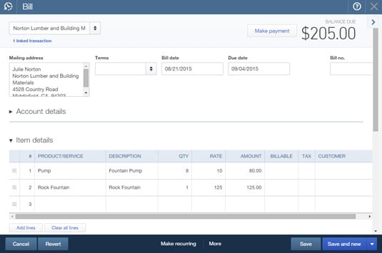 The Bill transaction window.