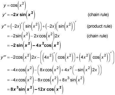 The first, second and third derivatives for y equals cos of squared x.