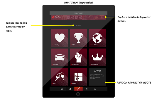 Use the WHAT’S HOT screen to view AutoRap content by topic as well as the highest ranking battles.