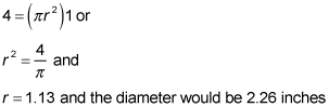 four equals Pi multiplied by the square radius, or the square radius equals four divided by pi.