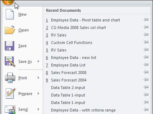 Click the Office button to access file-related commands or change options in Excel 2007.