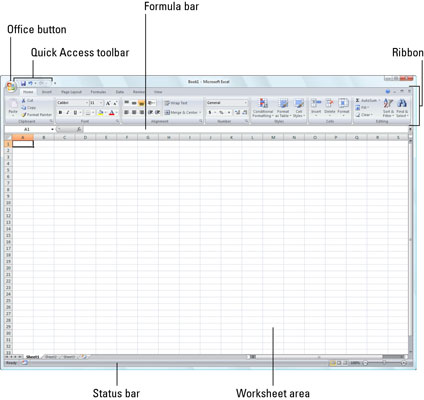 The Excel 2007 program window that appears when you start the program.