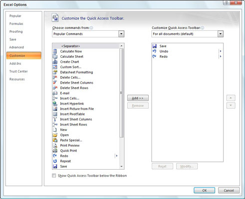 Use the Customize settings to add any Excel 2007 command to the Quick Access toolbar.