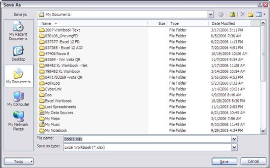 The Save As dialog box as it appears when running Excel 2007 on Windows XP.