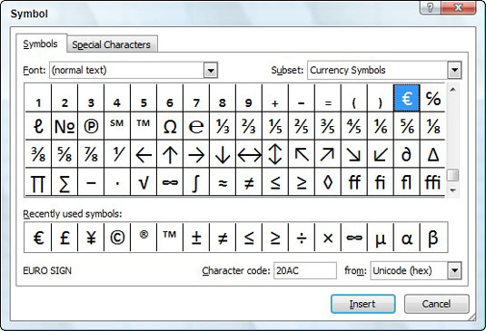 Select the desired symbol on the Symbols tab; or click the Special Characters tab and select the desired character.