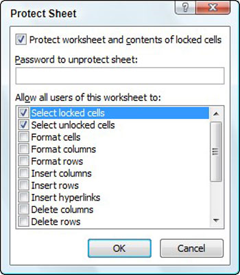 Select protection settings in the Protect Sheet dialog box.