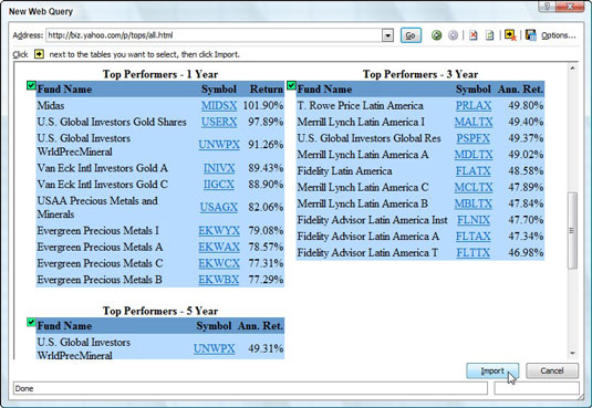 Click the yellow box next to each of the tables you want to import.