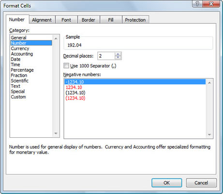 Apply a number format via the Number group on the Home tab or the Format Cells dialog box.