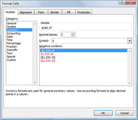 Use the Format Cells dialog box to apply Currency and Accounting formats.