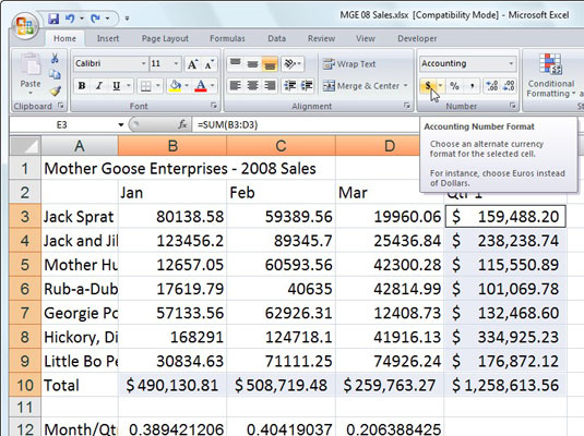 Use the Accounting Number Format button on the Home tab to quickly apply the Accounting format to w