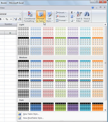 Click the Format as Table command button in the Styles group on the Home tab.
