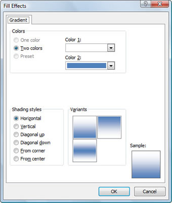 Use the Fill Effects dialog box to apply a gradient effect to selected cells.