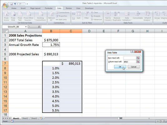 Sales projection worksheet with a column of possible growth percentages to be plugged in to a one-v
