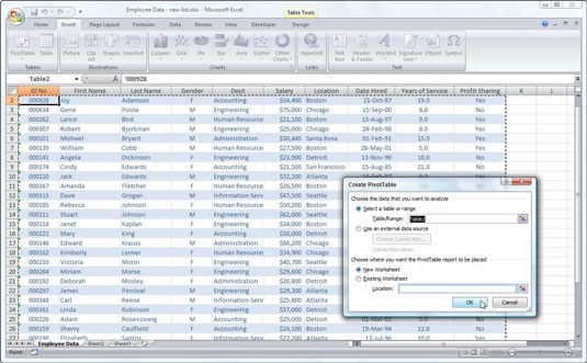 Indicate the data source and pivot table location in the Create PivotTable dialog box.