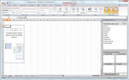 New pivot table displaying the blank table grid and the PivotTable Field List task pane.