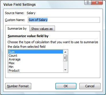 Select a new summary function in the Value Field Settings dialog box.