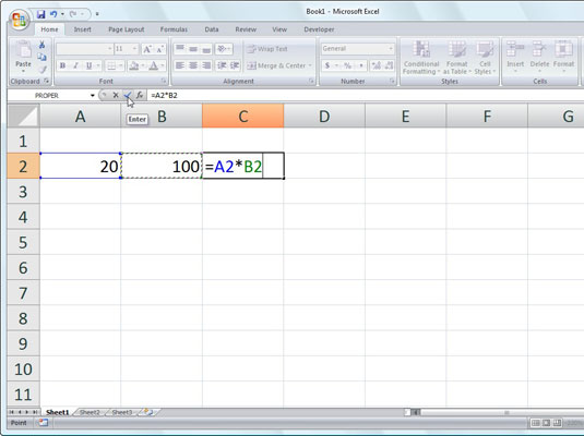 To complete the second part of the formula, type * and select cell B2.