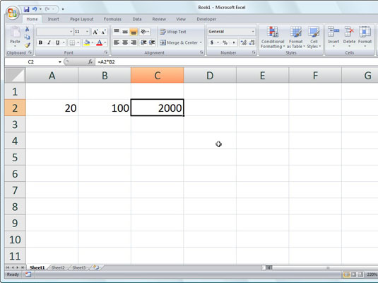 Click the Enter box, and Excel displays the answer in cell C2 while the formula appears in the Form