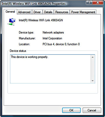 The status report shows the manufacturer, model number, location, and whether Windows can talk with