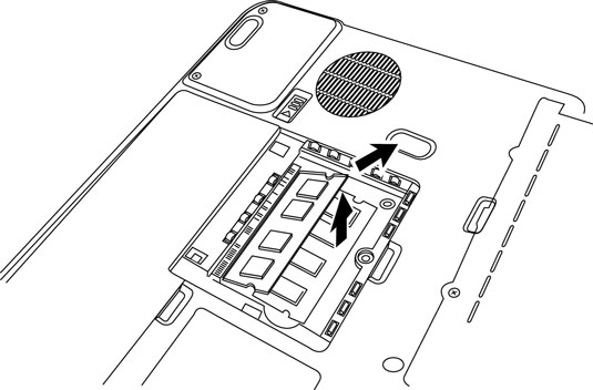 Lift up the memory module holder and remove the memory. [Credit: Courtesy of Toshiba America, Inc.]