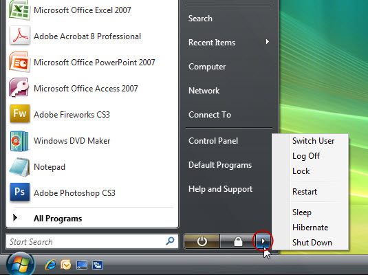 Click the triangle icon in the lower right of the Start menu.
