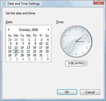 Manipulate the controls in the Date and Time Properties dialog box that appears to change or set the date or time.