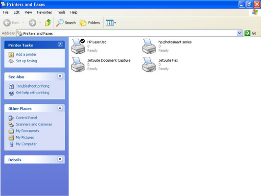 Choose Start→Printers and Faxes to see the available printers on your system.