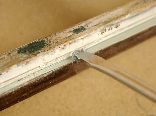 Use the flat side of a putty knife to push one corner of each triangular glazing point into the wood sash.