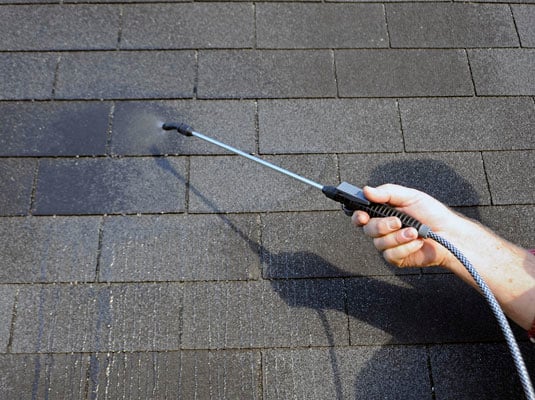 Spray the cleaner on a section of roof and let it sit for about 15 minutes.