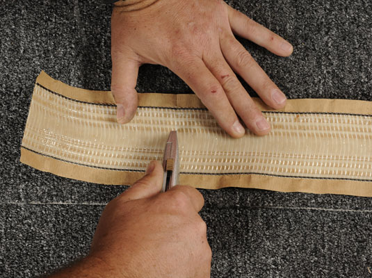 Remove the old carpet tape from under both sides of the seam or rip.